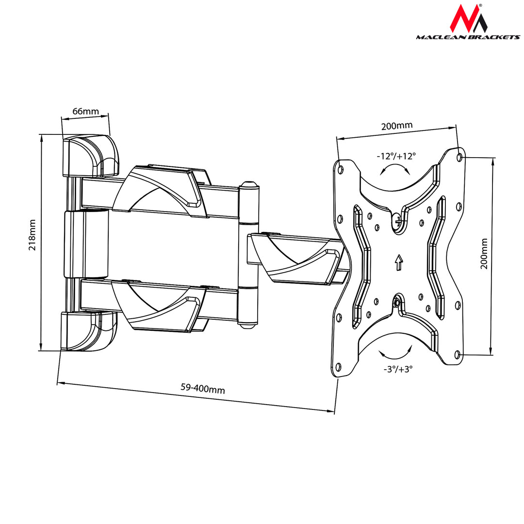 Suporte de parede Maclean MC-742 para monitor ou ecrã de TV LCD/LED de 13 a 55 pol. 25 kg VESA preto