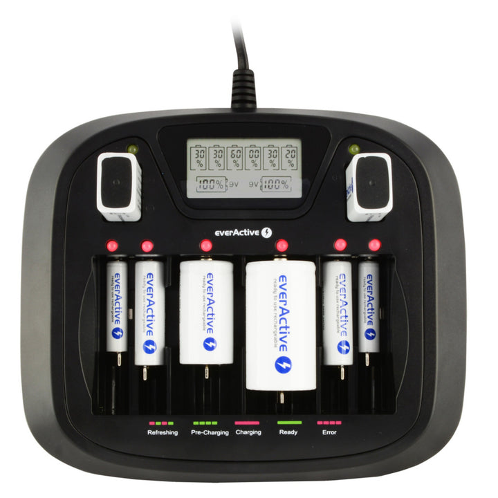 Carregador profissional AA AAA CD 9V everActive NC-900U de 8 canais
