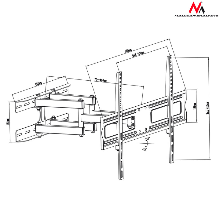 Suporte de parede Maclean MC-762 para monitor ou ecrã de TV LCD/LED de 37 a 80 pol., 30 kg, VESA máx. 600x400, braço duplo