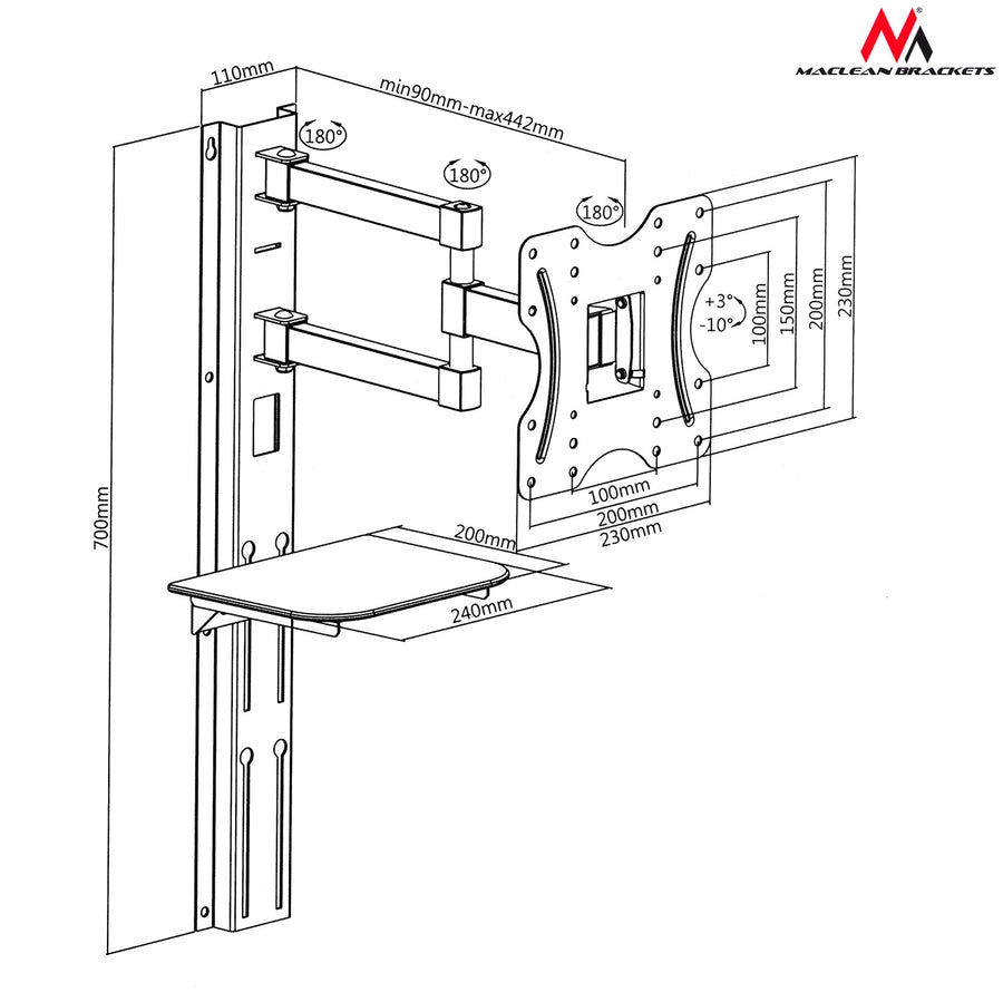 Soporte para TV con estante para DVD Maclean, VESA 200x200, 23"-42", 30 kg, MC-771