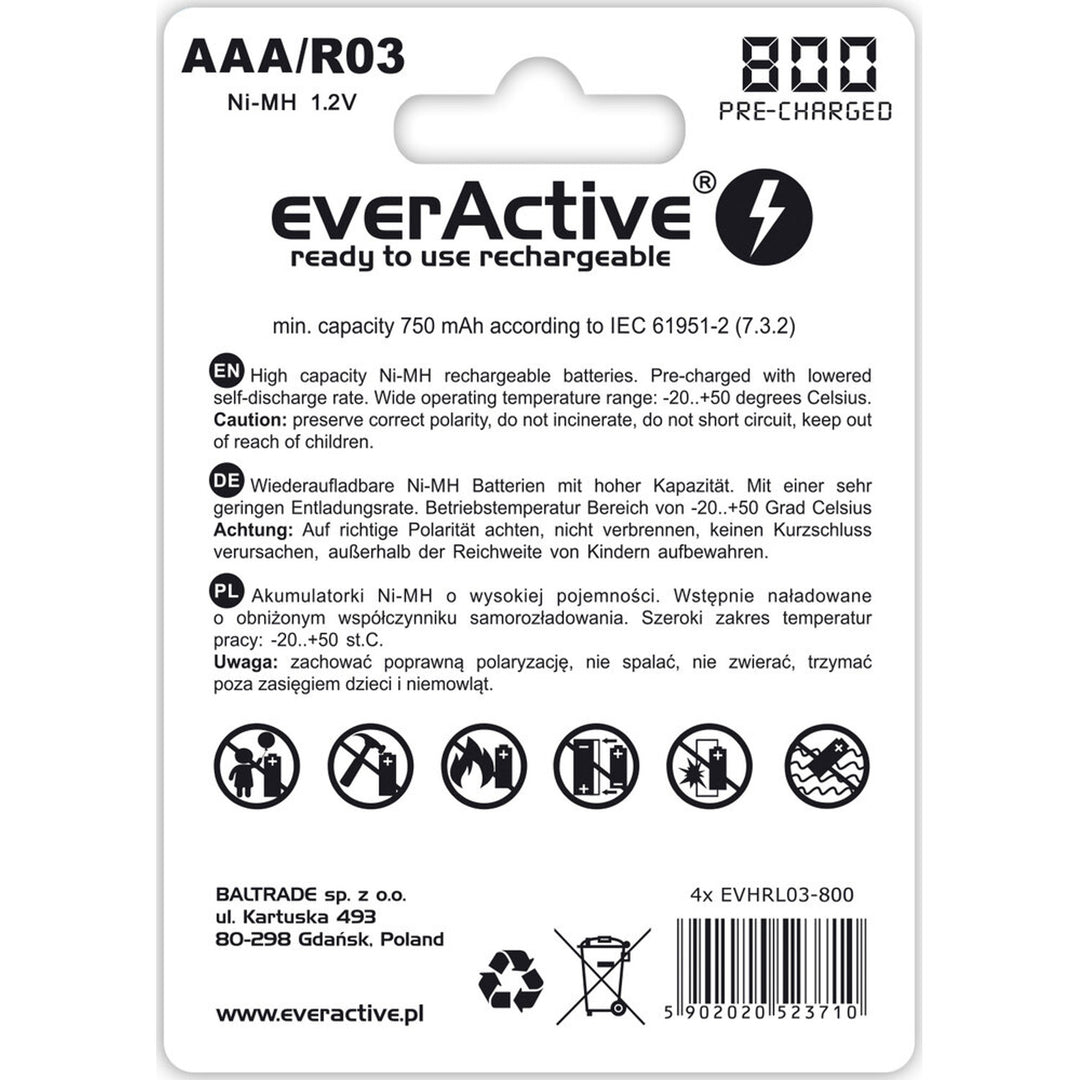 4 baterias EverActive R03/AAA 800mAh de alta qualidade