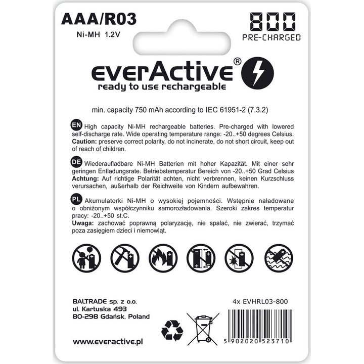 4 baterias EverActive R03/AAA 800mAh de alta qualidade