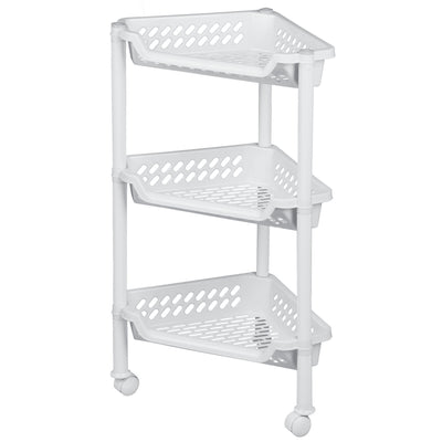 Prateleira de canto com 3 prateleiras de plástico branco cabe perfeitamente no canto da sala