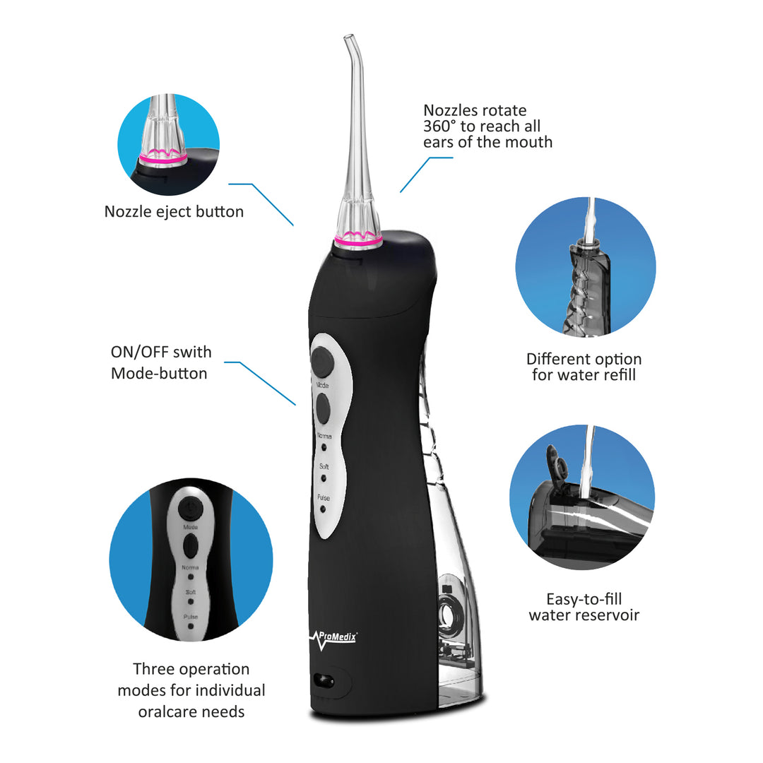 ProMedix PR-770 Irrigador Dental Inalámbrico de 8.5 Bar, IPX7, Carga USB, Color Negro