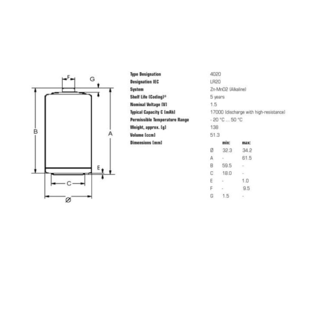20 pilhas alcalinas industriais Varta R20/D
