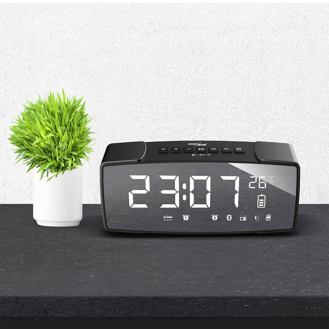 Radio reloj de 2200 mAh Bluetooth 4.2 FM, entrada auxiliar, 6 W, temperatura, alarma, reloj, batería GreenBlue GB200