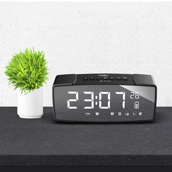 Radio reloj de 2200 mAh Bluetooth 4.2 FM, entrada auxiliar, 6 W, temperatura, alarma, reloj, batería GreenBlue GB200