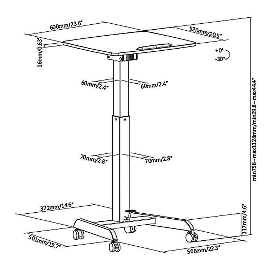 Mesa para laptop ajustável em altura com rodas Mesa de pé Elevador a gás Altura ajustável até um máximo de 113 cm 30 graus Inclinável Carregável até 8 kg