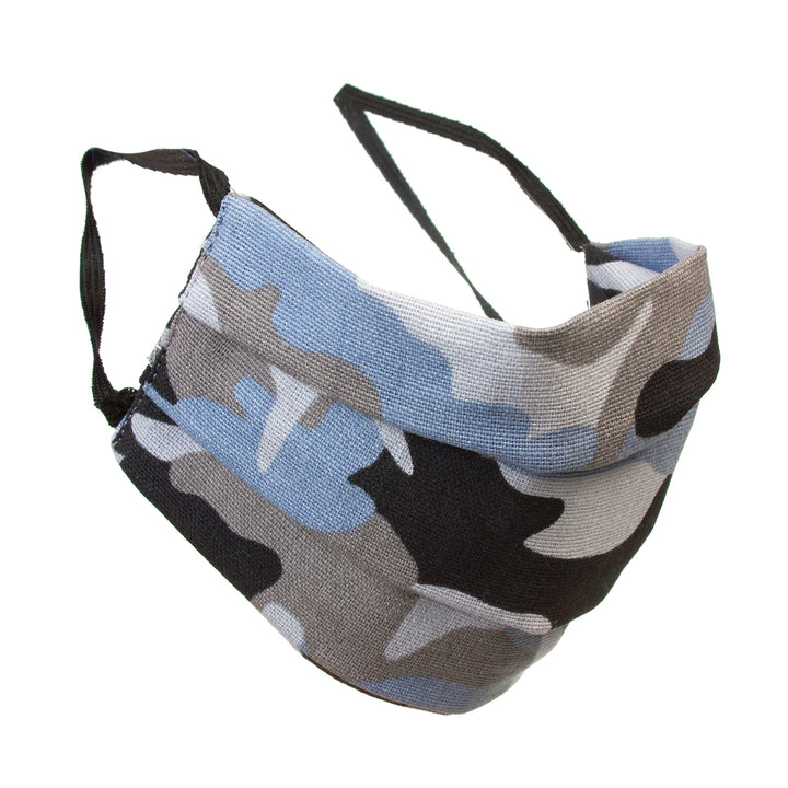 Máscara protetora reutilizável com elástico de algodão - cor camuflada cinza e azul