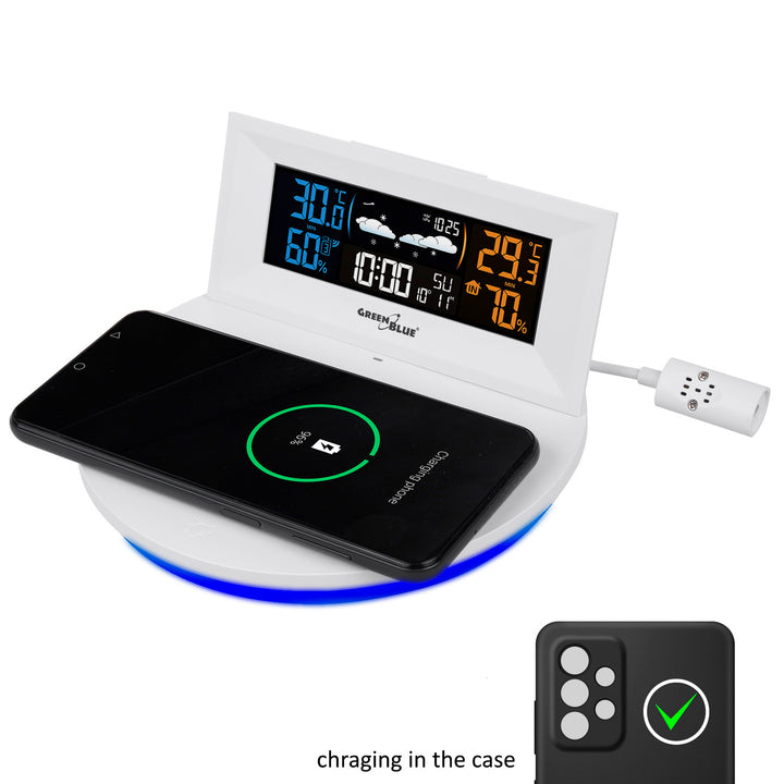 Estación meteorológica inalámbrica con cargador inalámbrico/inductivo GreenBlue, reloj, alarma, calendario, sensor de exterior, GB213