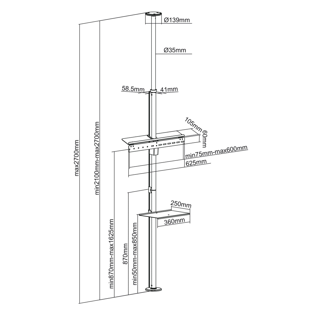 Soporte para TV telescópico, techo y suelo con estante Maclean MC-791N 37 " - 70 ", máx. 30 kg