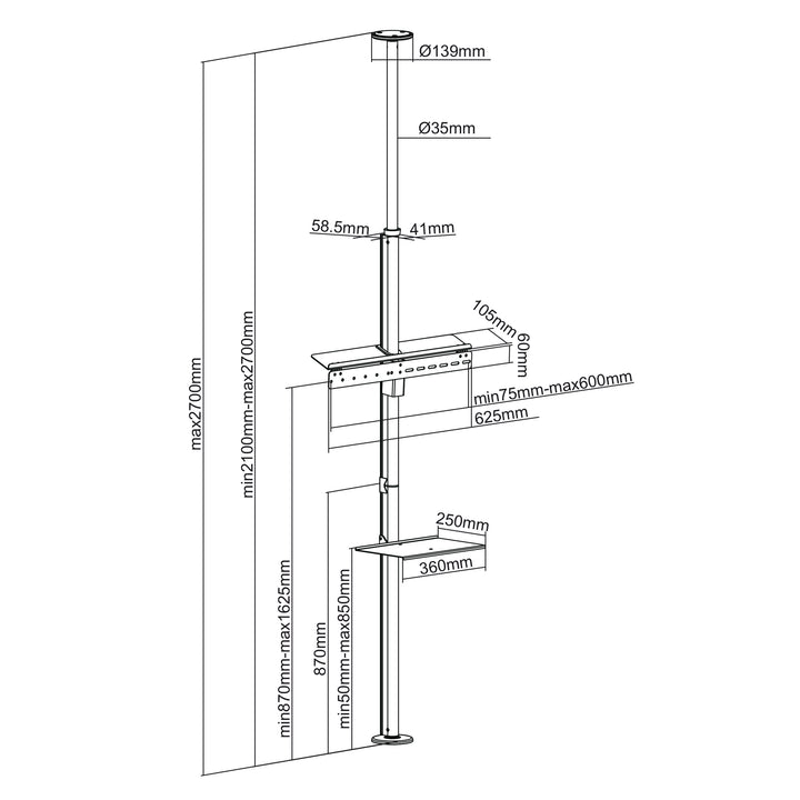 Soporte para TV telescópico, techo y suelo con estante Maclean MC-791N 37 " - 70 ", máx. 30 kg