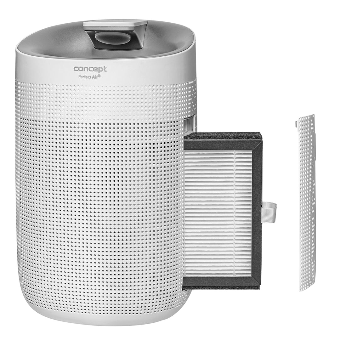 Concept Perfect Air OV1200 Deshumidificador y purificador de aire 2 en 1 750 ml / día para habitaciones de hasta 25m2, filtración de 3 etapas, purificador de aire de habitación con filtro de carbón Hepa 13 1L (blanco)