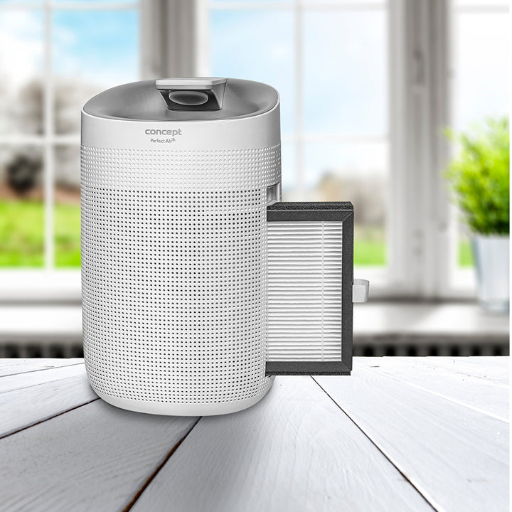 Concept Perfect Air OV1200 Deshumidificador y purificador de aire 2 en 1 750 ml / día para habitaciones de hasta 25m2, filtración de 3 etapas, purificador de aire de habitación con filtro de carbón Hepa 13 1L (blanco)