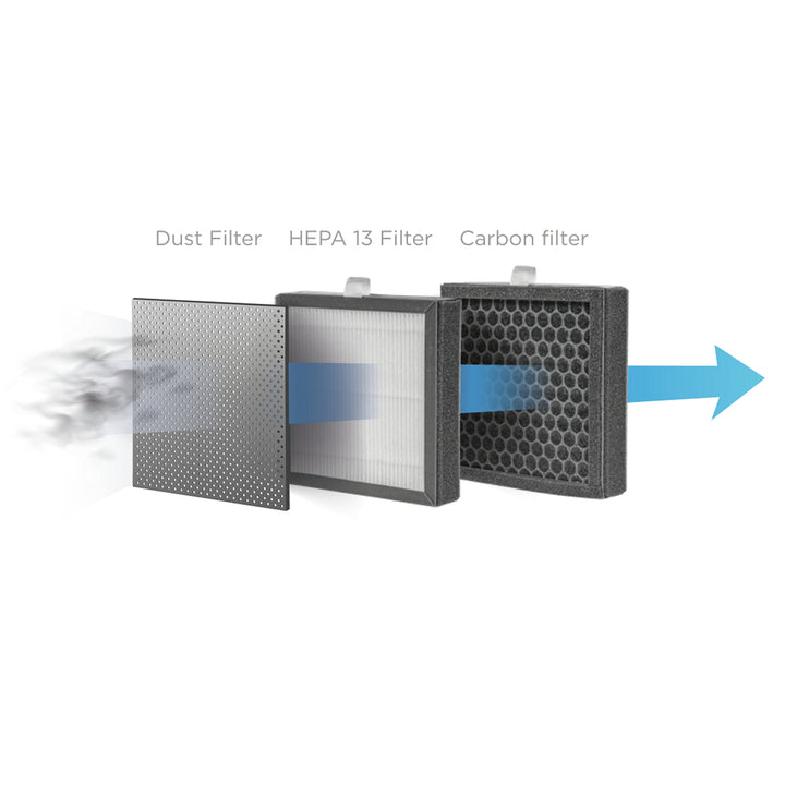 Perfect Air OV1210 Deshumidificador y purificador de aire 2 en 1 750 ml / día para habitaciones de hasta 25m2, filtración de 3 etapas, purificador de aire de habitación con filtro de carbón Hepa 13 1L (negro)