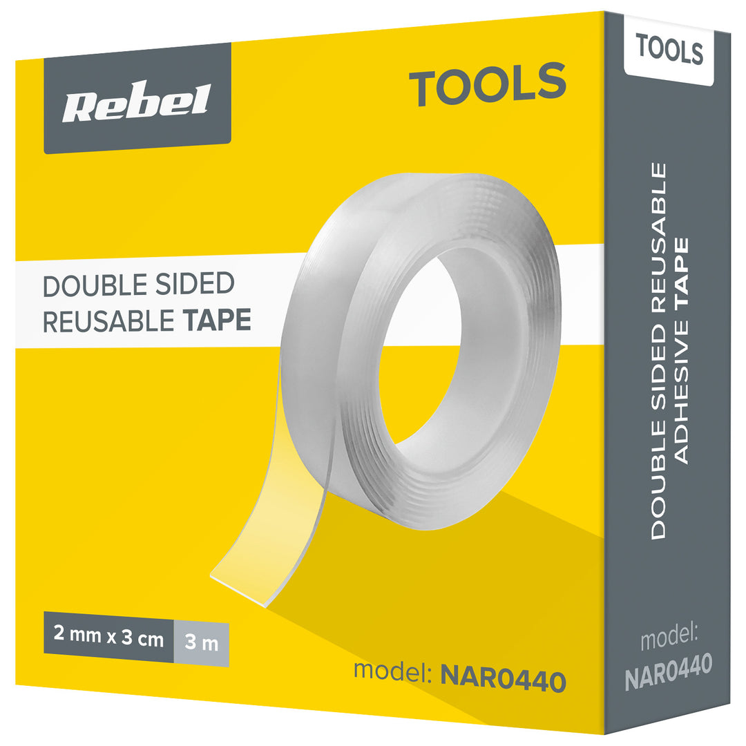 Fita de montagem nano dupla face REBEL (2 mm x 30 mm x 3 m) transparente