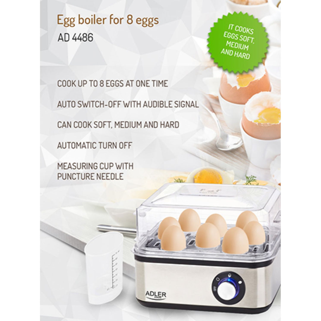 Fogão elétrico para ovos para 8 ovos, aço inoxidável, configuração de cozimento 500W Adler AD4486