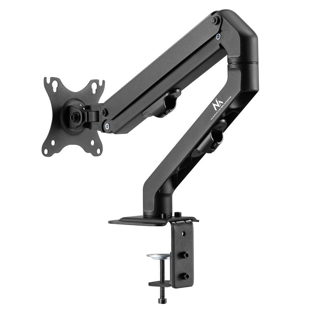 Braço para monitor Maclean de 1 baía com mola a gás, 17"-27", suporte de mesa giratório e inclinado, VESA 75x75, 100x100, até 7 kg