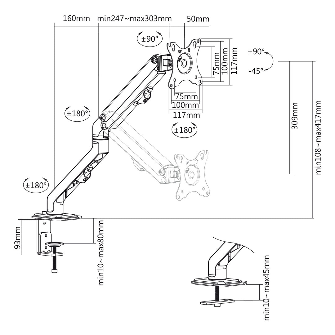 Braço para monitor Maclean de 1 baía com mola a gás, 17"-27", suporte de mesa giratório e inclinado, VESA 75x75, 100x100, até 7 kg