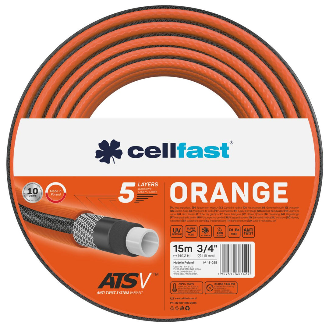 Mangueira de jardim ATSV™ de 5 camadas, tecido tricotado, resistente a UV, pressão de ruptura de 24 bar (3/4 "15 m) CELLFAST ORANGE