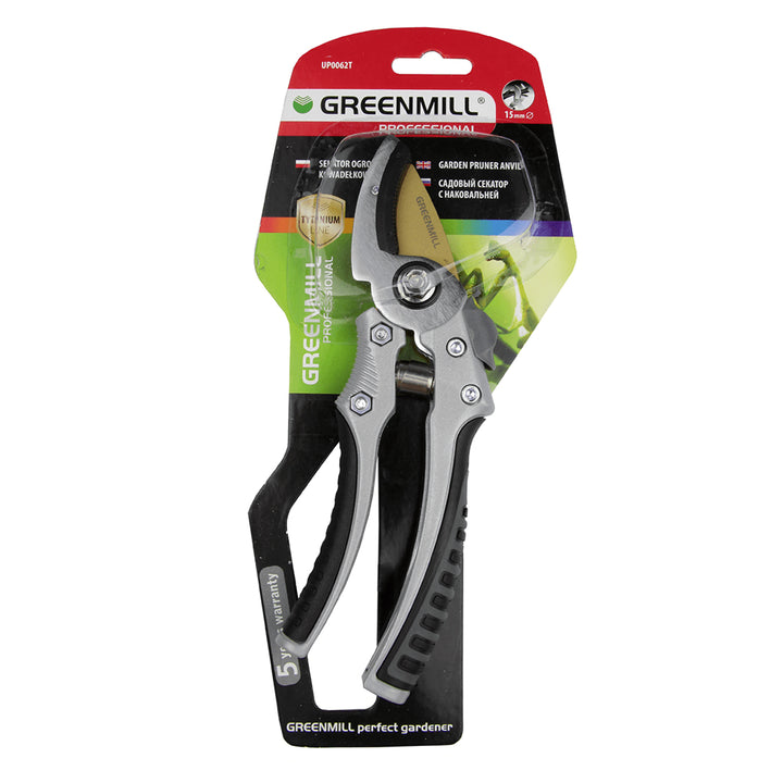 Tesoura de poda profissional para corte de ramos, lâmina em aço com revestimento em titânio, diâmetro máximo de corte 15 mm, Greenmill UP0062T
