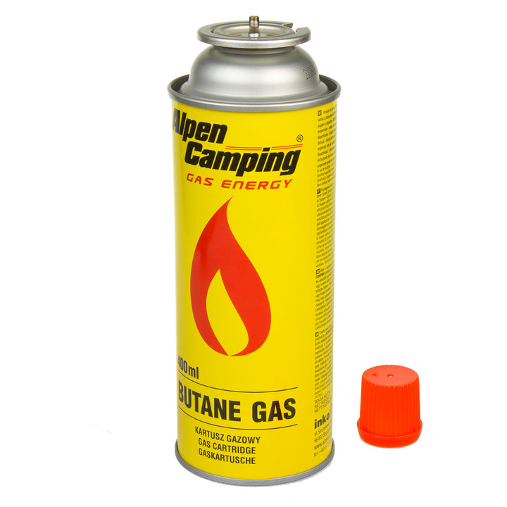 Cartucho de gás 400 ml, certificado: Pi 0875, compatível com EN417, isobutano, faixa de operação -10 ° C a + 40 ° C, IK004 Alpen Camping.