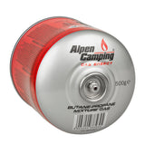 Cartucho de gas de 500g, certificado: Pi 0437, conforme a EN417, propano-butano, rango de -10 ° C a + 40 ° C, válvula roscada IK008 de 7/16 " Alpen Camping