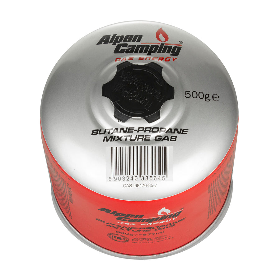 Cartucho de gas de 500g, certificado: Pi 0437, conforme a EN417, propano-butano, rango de -10 ° C a + 40 ° C, válvula roscada IK008 de 7/16 " Alpen Camping