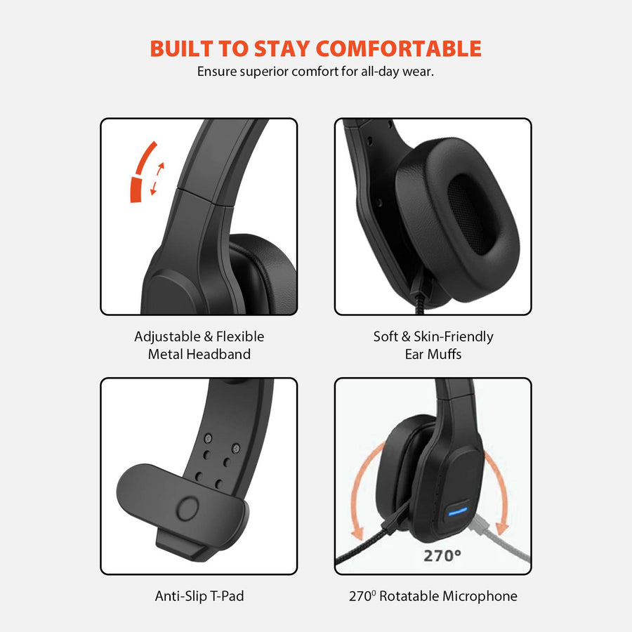 Fone de ouvido Bluetooth Audiocore AC864 com microfone com cancelamento de ruído para fones de ouvido intra-auriculares de call center 32 horas de conversação sem fio viva-voz compatível com Google Assistant e Siri