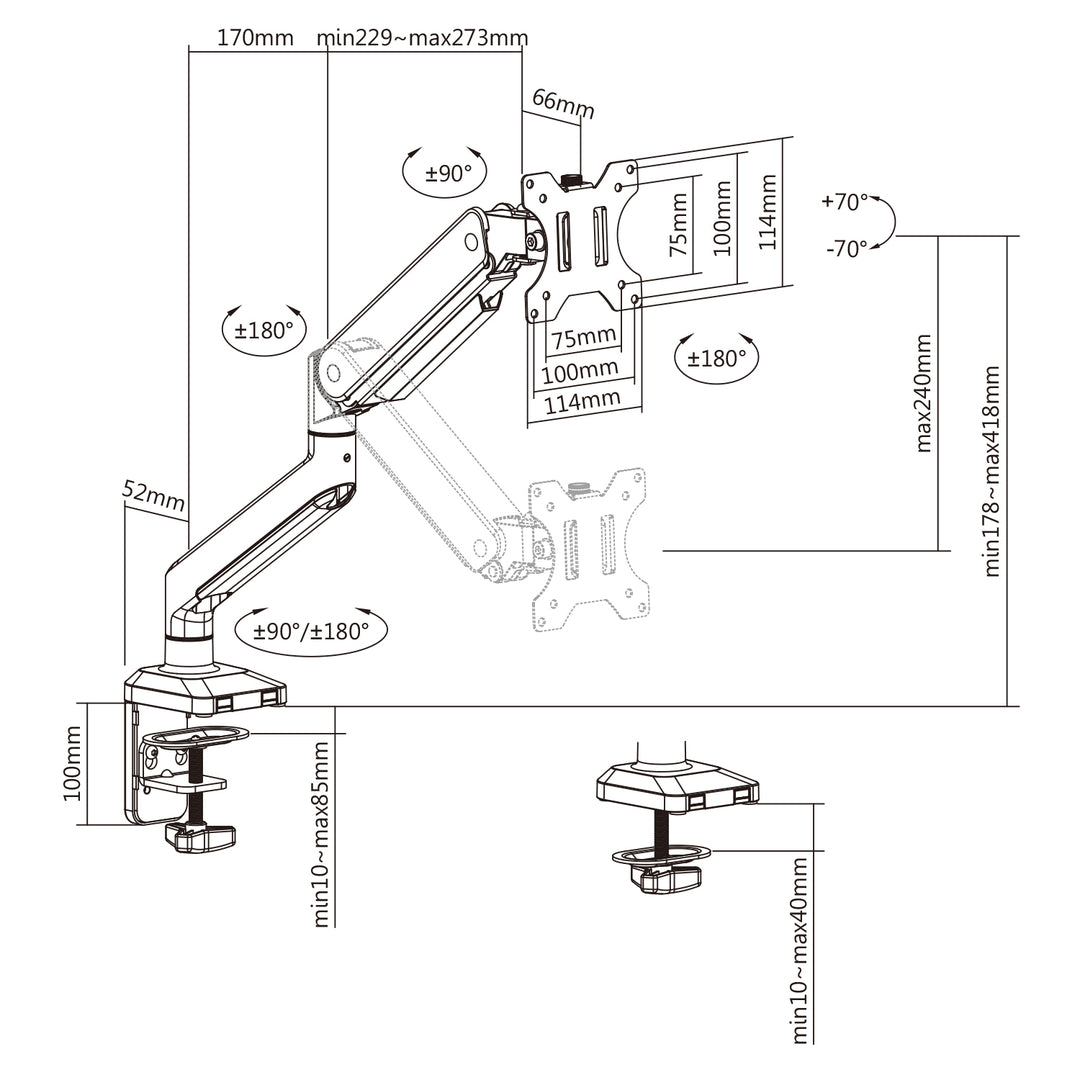 Suporte de mesa universal para monitor Ergo Office ER-445, mola a gás de 17" a 35", 15 kg, VESA 75x75 / 100x100
