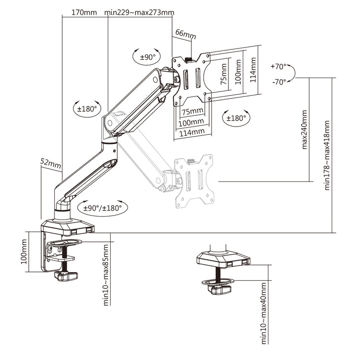 Suporte de mesa universal para monitor Ergo Office ER-445, mola a gás de 17" a 35", 15 kg, VESA 75x75 / 100x100
