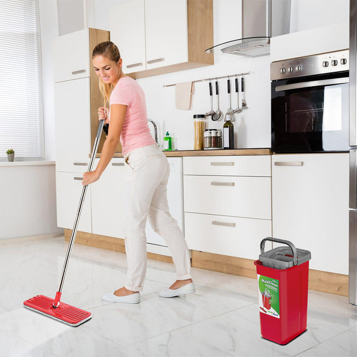 Conjunto de esfregão plano MaxiClean com balde de limpeza 2 em 1 Conjunto de esfregão de 5,7L Limpador de piso Limpador de sistema de limpeza de esfregão Cabeça de esfregão giratória 360 ° (conjunto de esfregão plano e balde + 2 tampas de reposição)