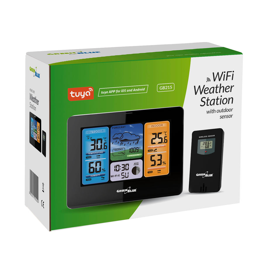 Estación meteorológica WiFi GreenBlue, compatible con TUYA, sensor de exterior, calendario, previsión meteorológica, barómetro, GB215