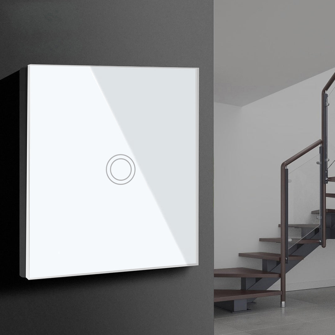 Interruptor de luz táctil Maclean, simple, escalonado, en cruz, blanco con iluminación de botón redondo, 86x86mm, MCE710W