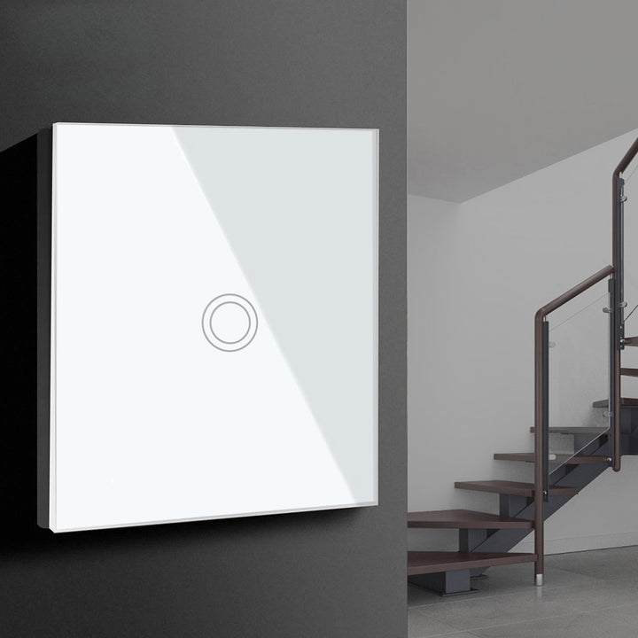 Interruptor de luz táctil Maclean, simple, escalonado, en cruz, blanco con iluminación de botón redondo, 86x86mm, MCE710W