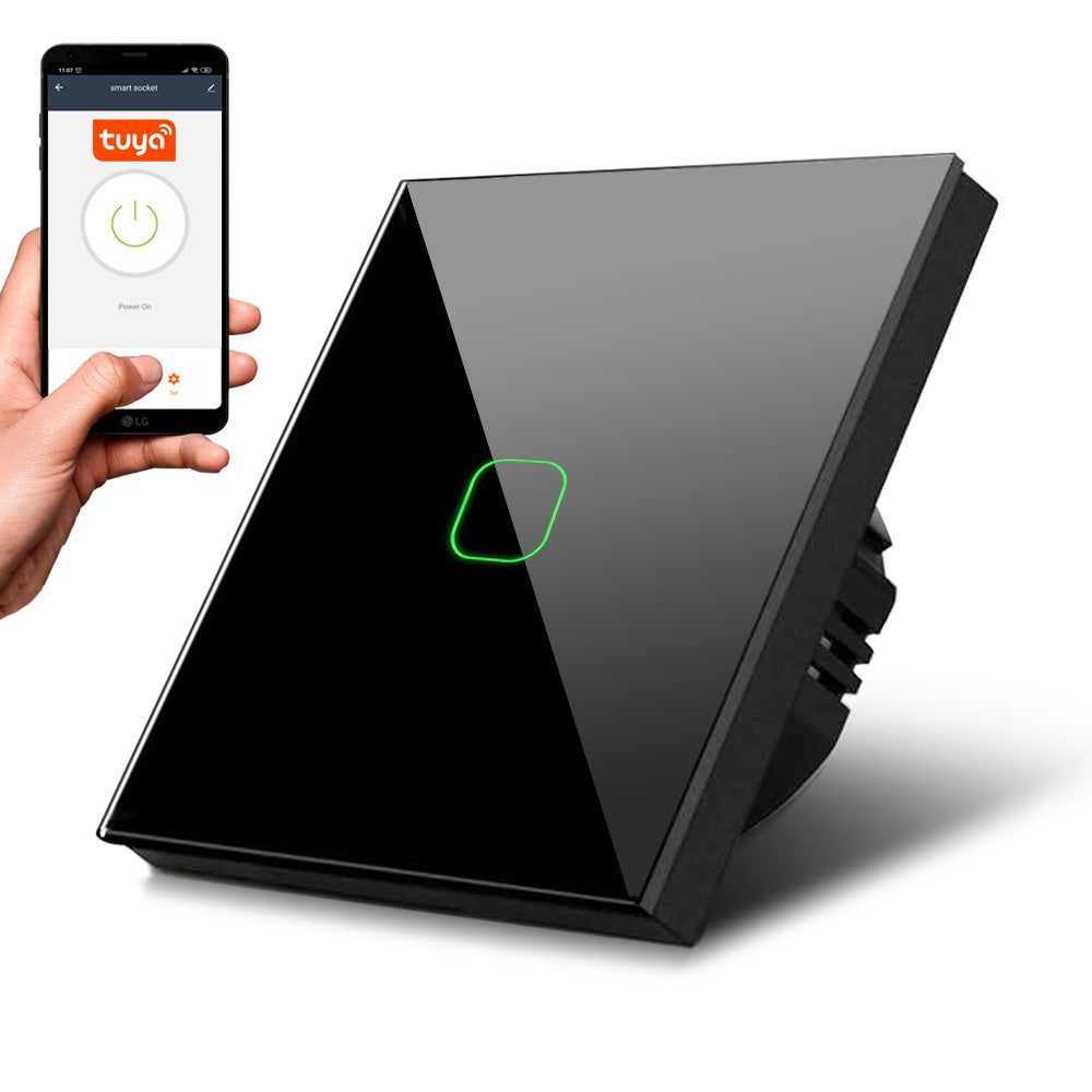 Interruptor de luz táctil Maclean, simple, SMART, Tuya APP, vidrio, negro con iluminación de botón cuadrado, 86x86mm, MCE716B