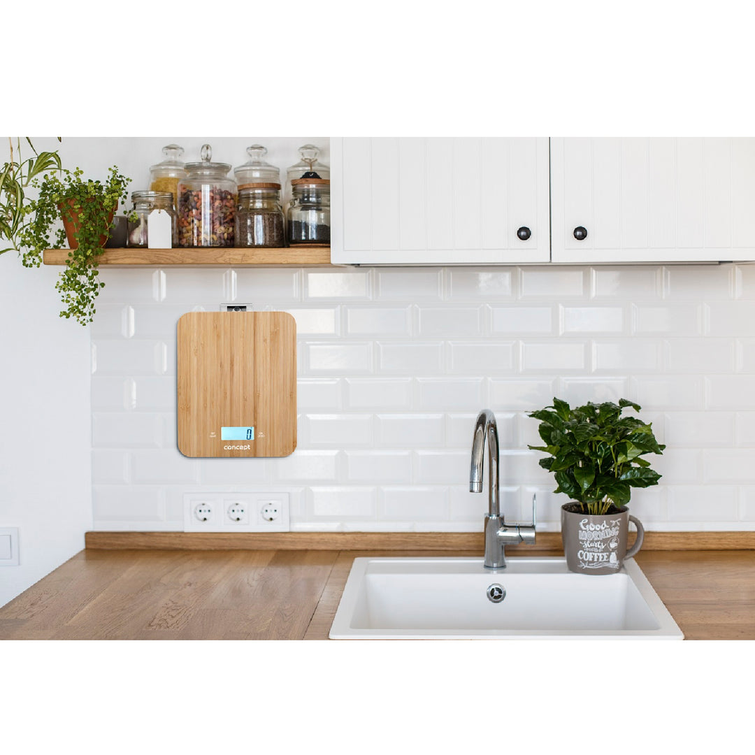 Concept VK5713 Balanza Digital de Cocina - Bambú - 15kg Reloj Temporizador Diseño de Bambú max. 15kg con gancho para colgar