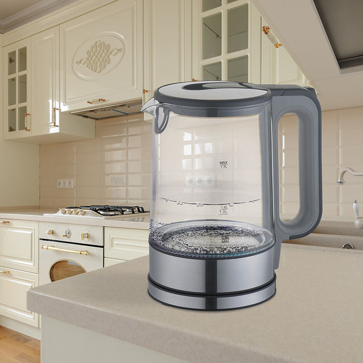 Chaleira elétrica de vidro com luz interna 1,7L Base de 360 ​​graus Desligamento automático Filtro anti-calcário Indicador de nível de água 220-240V, ~50Hz, 2200W