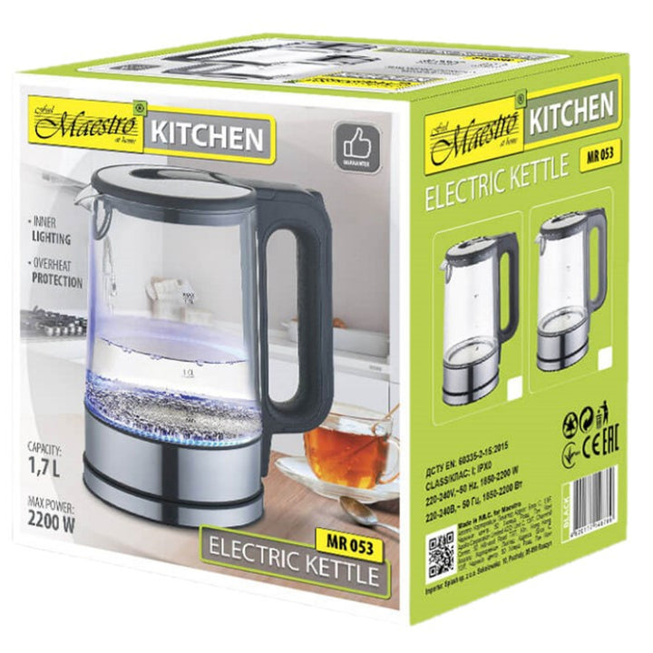 Chaleira elétrica de vidro com luz interna 1,7L Base de 360 ​​graus Desligamento automático Filtro anti-calcário Indicador de nível de água 220-240V, ~50Hz, 2200W