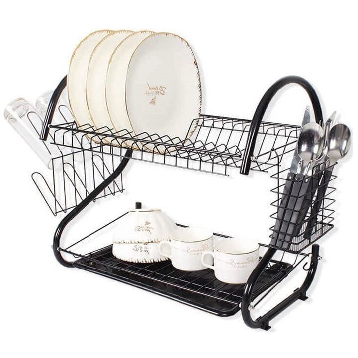 Escurreplatos con 2 estantes Escurreplatos con base de cristal y cubertero Negro (53cm)