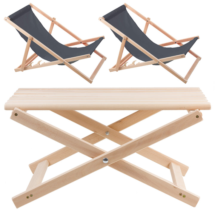 Conjunto de jardim, 2 espreguiçadeiras cinzentas + mesa em faia de alta qualidade