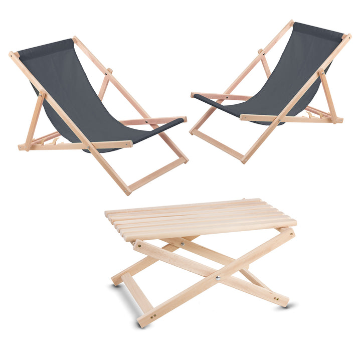 Conjunto de jardim, 2 espreguiçadeiras cinzentas + mesa em faia de alta qualidade