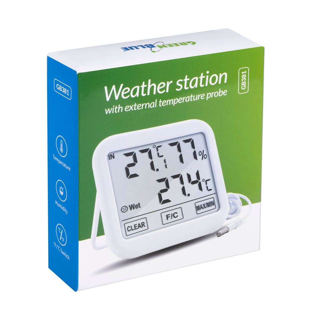 Estación meteorológica GreenBlue con sonda de exterior de 1,5 m, longitud de cable de 1,5 m, batería 2xAA, GB381