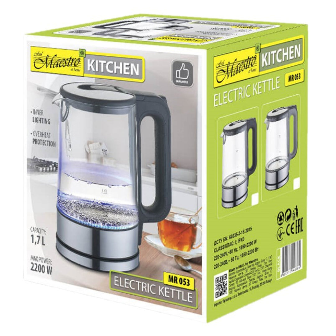 MAESTRO MR-053 Hervidor eléctrico sin cable de 1,7L con tapa de cristal; acero inoxidable iluminado 2200W