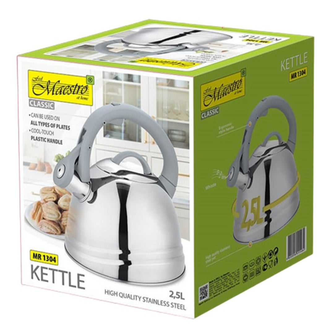 Chaleira clássica MAESTRO MR-1304 2,5L com apito para fogão elétrico a gás por indução placa de prata