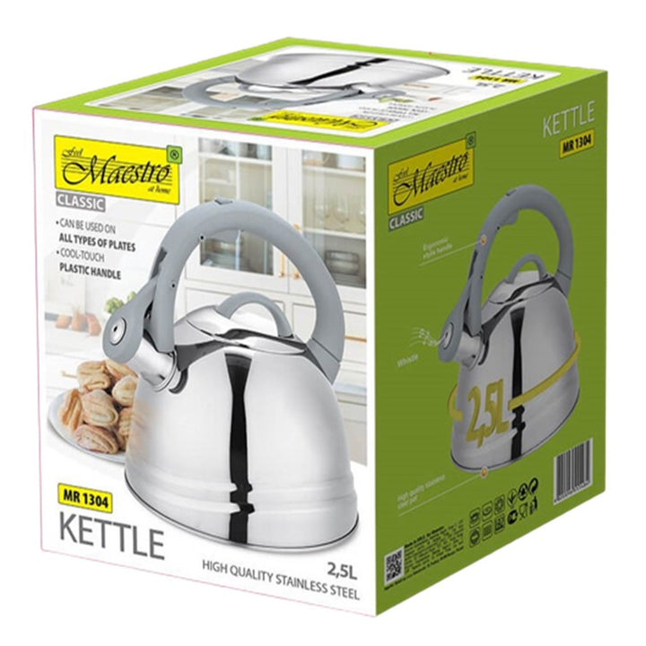 Chaleira clássica MAESTRO MR-1304 2,5L com apito para fogão elétrico a gás por indução placa de prata