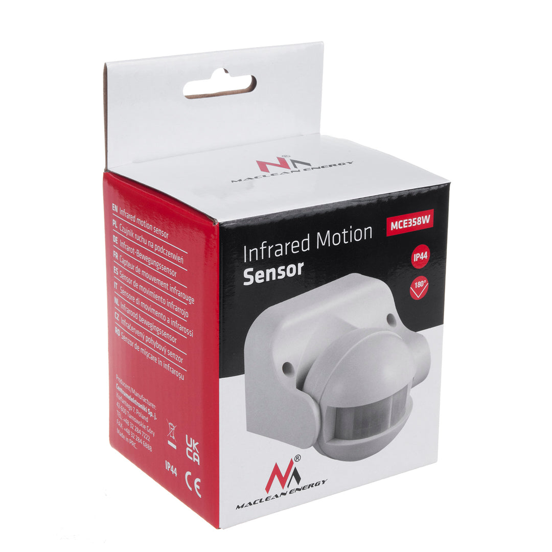 Sensor de movimento infravermelho Maclean MCE358 W Sensor PIR de 180° com sensor infravermelho de crepúsculo IP44 | Uso interno e externo | Alcance até 12 m | Carga de 300/1200 W