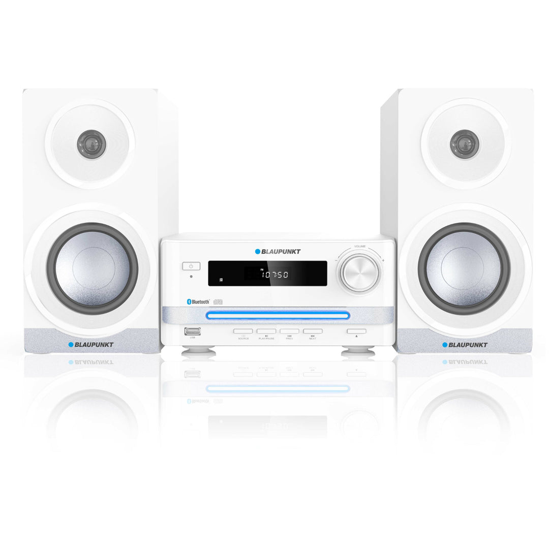 Sistema HiFi compacto Microsystem com Bluetooth e reprodutor de CD/USB Rádio RMS: 15 W (2 x 7,5 W) Equalizador de display LED Controle remoto de relógio AUX