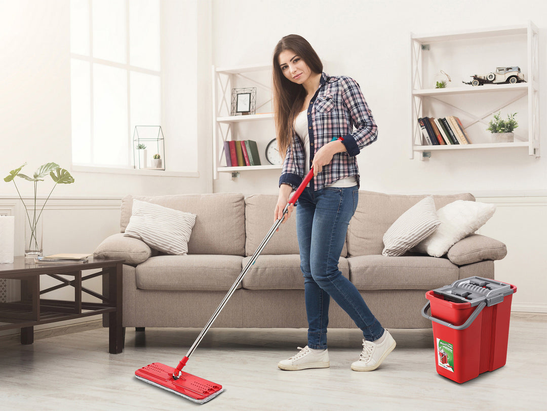 Balde de esfregão plano automático + 3 inserções de microfibra