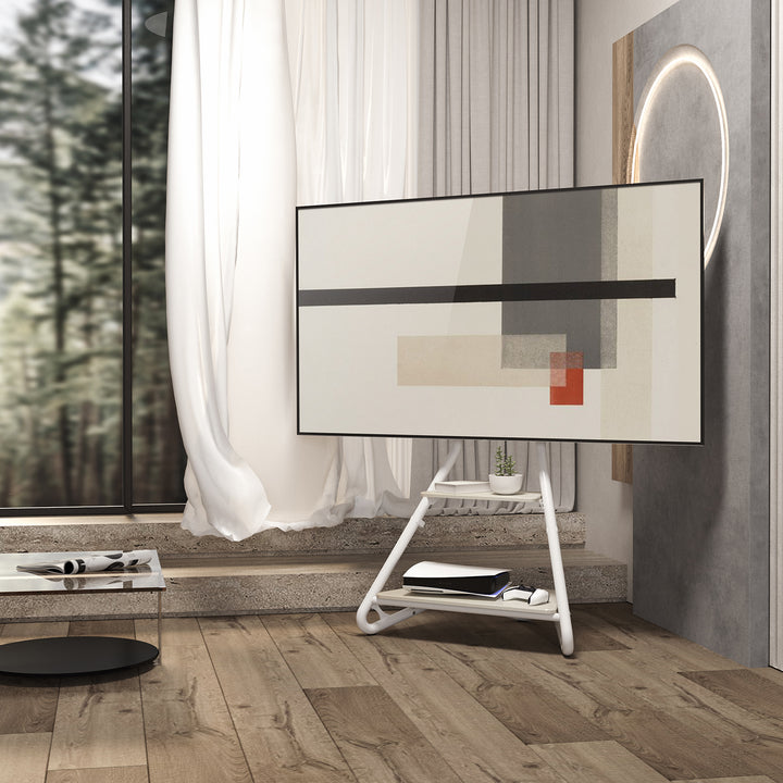 Suporte de TV de canto independente Maclean MC-455, estilo Bauhaus, prateleiras de madeira de dois níveis, máx. 40 kg, 37-75''